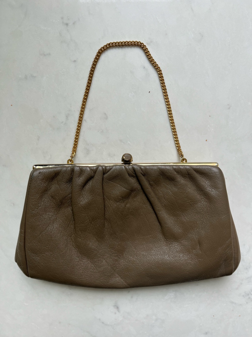 Vintage Olive Green Brown Leather Clutch / Shoulder Bag m with Brass Chain - Picture 7 of 7